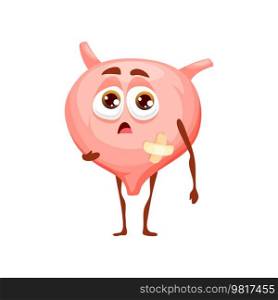 Bladder sick body organ character. Vector cartoon internal urinary system personage with sad face and plaster. Urination control, ache, cystitis disease, inflammation illness medical symptoms. Bladder sick body organ character, urinary system