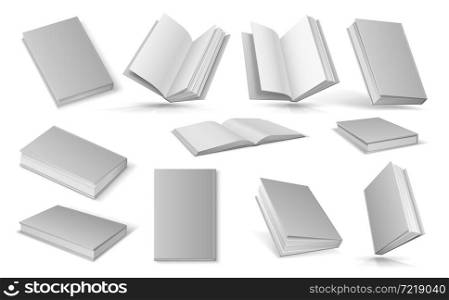 Blank 3d book with paper sheets, booklets or magazines with hardcover. Realistic flying open empty textbook. White catalog mockup vector set. Isolated educational journal, album template. Blank 3d book with paper sheets, booklets or magazines with hardcover. Realistic flying open empty textbook. White catalog mockup vector set