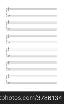 Blank A4 music notes with treble and bass clef. Vector illustartion