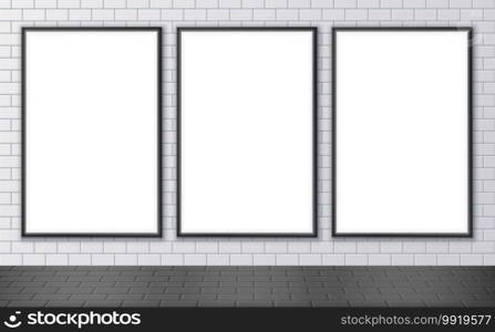 Blank advertising billboard mockup on a subway station. Three vertical posters on a street wall. Outdoor ceramic tile texture. Vector illustration. Blank advertising billboard mockup on a subway station. Three vertical posters on a street wall.