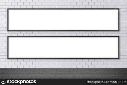 Blank advertising billboard mockup on a subway station. Two horizontal posters on a street wall. Outdoor ceramic tile texture. Vector illustration. Blank advertising billboard mockup on a subway station. Two horizontal posters on a street wall.