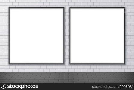 Blank advertising billboard mockup on a subway station. Two square posters on a street wall. Outdoor ceramic tile texture. Vector illustration. Blank advertising billboard mockup on a subway station. Two square posters on a street wall.