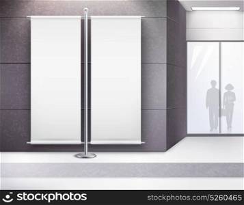 Blank Advertising Double Banner In Interior. Blank illuminated advertisement double vertical banner display stand in modern urban building interior black white vector illustration