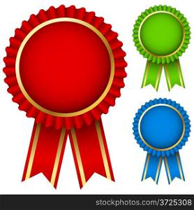 Blank award ribbon rosettes in three colors isolated on white.
