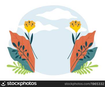 Blank banner with flowers and sky with clouds. Floral card design, isolated blossom of spring or summer. Springtime and summertime, wildflowers compositions. Eco and nature. Vector in flat style. Empty floral banner with symmetrical flower vector