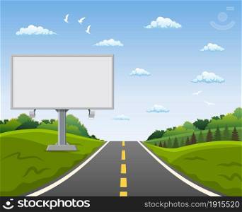 Blank billboard and roadside trees at the road. Vector illustration in flat style. Blank billboard and roadside trees at the road