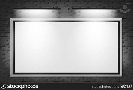 Blank billboard display on grey brick wall background with illumination in office hallway, exhibition or apartment. White LCD TV screen for advertising, empty picture frame realistic 3d vector mock up. Blank billboard display on brick wall background