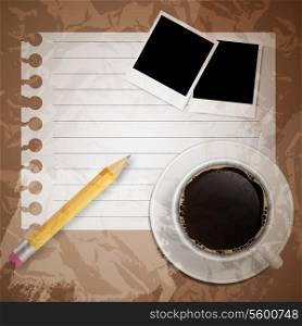 Blank book with coffee and photo frame vector illustration on business theme