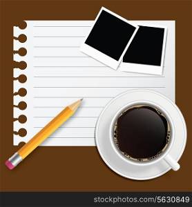 Blank book with coffee and photo frame vector illustration on business theme