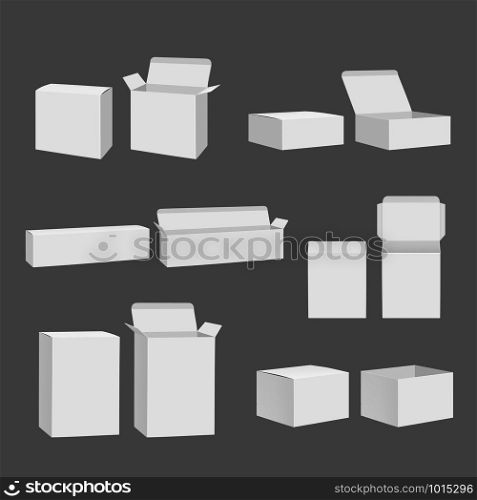 Blank boxes. Open closed cardboard white gift packages storage mockup vector realistic template isolated. Illustration of package cardboard, compact 3d box container. Blank boxes. Open closed cardboard white gift packages storage mockup vector realistic template isolated