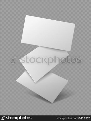 Blank business card. Falling realistic branding cards, advertise presentation. Empty rectangle paper, marketing vector document template. Blank business card. Falling realistic branding cards, advertise presentation. Empty rectangle paper, marketing vector template