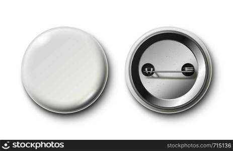 Blank button badge. White pinback badges, pin button and pinned back. Round metal buttons or glossy circle plastic 3D pin. Realistic isolated vector mockup. Blank button badge. White pinback badges, pin button and pinned back realistic isolated vector mockup