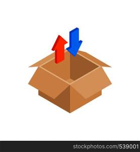 Blank cardboard box and arrows icon in isometric 3d style on a white background. Blank cardboard box and arrows icon