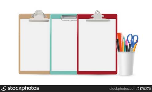 Blank clipboards. Realistic clipboard, stationery. Business mockup for checklist, task, agreement vector illustration. Office blank, board clip note. Blank clipboards. Realistic clipboard, stationery. Business mockup for checklist, task, agreement vector illustration
