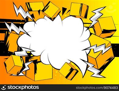 Blank comic book speech bubble background with cube shapes. Yellow comics cartoon template.
