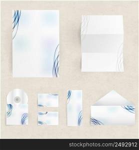 Blank corporate identity set of envelopes cards and paper with blue lines and spots pattern isolated on grey background flat vector illustration. Corporate Identity Set