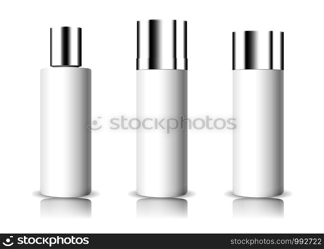 Blank cosmetic white bottles with glossy mirror cap mocup. 3d Vector illustration of container for beauty product.. Cosmetic bottles with glossy mirror cap mocup.