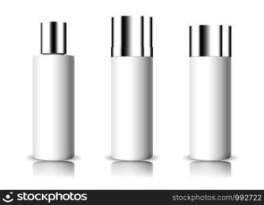 Blank cosmetic white bottles with glossy mirror cap mocup. 3d Vector illustration of container for beauty product.. Cosmetic bottles with glossy mirror cap mocup.