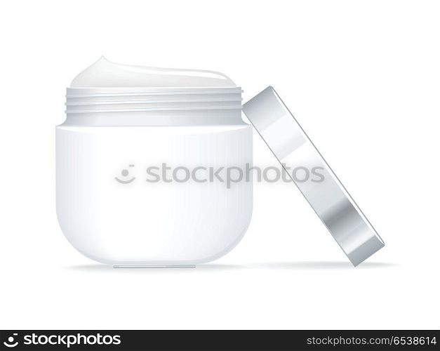 Blank Cosmetics White Container. Blank white container for cosmetics with open cap on white background. Container for cream. Product for body, face and skin care, beauty, health, freshness, youth, hygiene. Realistic illustration.