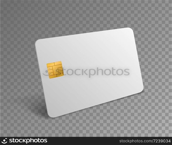 Blank credit card. White realistic atm card for shopping payments with gold chip mockup. Banking debit plastic isolated 3d vector design template. Blank credit card. White realistic atm card for shopping payments with chip mockup. Banking debit plastic isolated vector design template