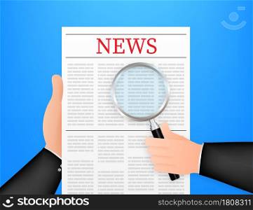 Blank daily newspaper. Fully editable whole newspaper in clipping mask. Reads news with a magnifying glass. Vector stock illustration. Blank daily newspaper. Fully editable whole newspaper in clipping mask. Reads news with a magnifying glass. Vector stock illustration.