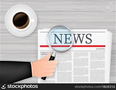 Blank daily newspaper. Fully editable whole newspaper in clipping mask. Reads news with a magnifying glass. Vector stock illustration. Blank daily newspaper. Fully editable whole newspaper in clipping mask. Reads news with a magnifying glass. Vector stock illustration.
