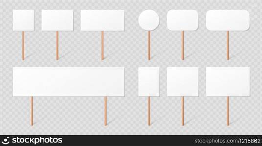 Blank demonstration banners collection isolated on transparent background. Protest signs on wood sticks set. Blank placard mockups with wooden holders realistic 3d vector illustration.. Blank demonstration banners collection. Protest signs on wood sticks set. lank placard mockups with wooden holders.