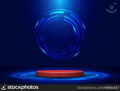 Blank display pedestal stage or red podium for showcase product in futuristic technology demonstration with circle vector HUD, GUI, UI interface screen design blue background. Vector illustration