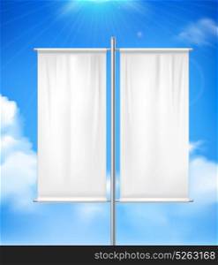 Blank Double Advertisement Banner Realistic image. White blank realistic double pole banner advertisement flag outdoor with blue sunny cloudy sky background vector illustration