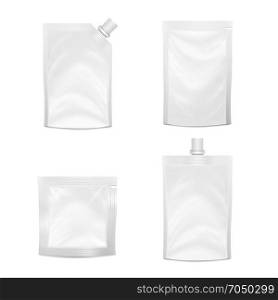 Blank Doypack Set Vector. Realistic White Doy-pack. Blank Doypack Set Vector. Realistic White Doy-pack Food Or Drink Flexible Pouch. Blank Filled Retort Foil Flexible Pouch Bag Packaging. Mock Up For Product Packing Design Isolated