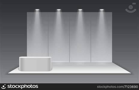 Blank exhibition trade show booth. White empty promotional advertising stand with desk. Presentation event room display. Vector mockup. Illustration of mockup area for promotional event. Blank exhibition trade show booth. White empty promotional advertising stand with desk. Presentation event room display. Vector mockup