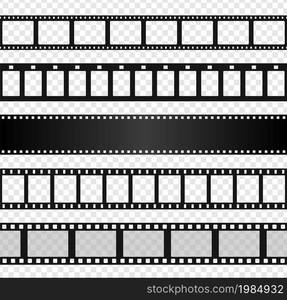 Blank film strip template, black movie reel photo frame. Retro cinema filmstrip, old negative reels camera, seamless films strips vector set. Cinematography production realistic elements