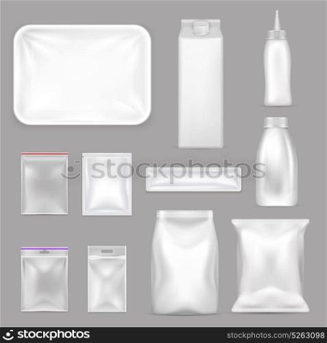 Blank Food Packaging Realistic Set. Colored blank food packaging realistic icon set with zip lock bags in different sizes vector illustration