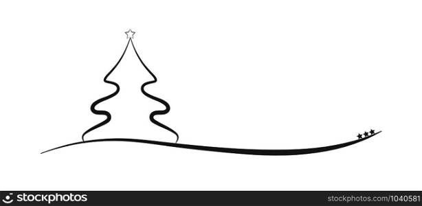 Blank for Happy New Year greetings. Christmas tree with a star and a wavy line with stars. Flat design.