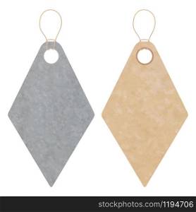 Blank gift tag labels for sale prices. Texture of realistic brown yellow and white gray kraft carton paper material with a rope. Stickers of different rhombus shapes