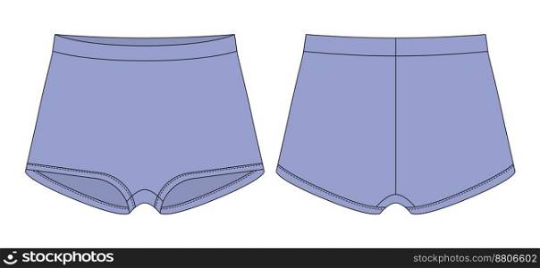 Blank girls knickers technical sketch. Cool blue color. Lady lingerie. Female underpants. Women casual panties isolated template. Front and back views. Vector CAD design. Blank girls knickers technical sketch. Cool blue color. Lady lingerie.