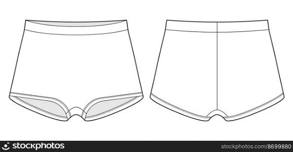 Blank girls knickers technical sketch. Lady lingerie. Female white underpants. Women casual panties isolated template. Front and back views. Vector CAD design. Blank girls knickers technical sketch. Lady lingerie. Female white underpants. Women casual panties isolated template