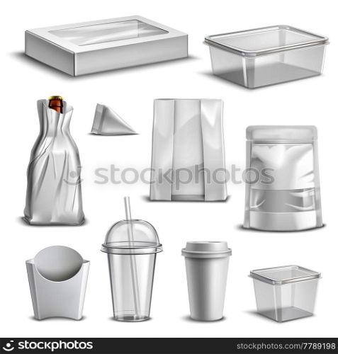 Blank glossy realistic set of food packaging containers and takeaway refreshments mug coffee cup templates isolated vector illustration . Food Packaging Blank Realistic Set