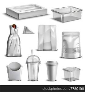 Blank glossy realistic set of food packaging containers and takeaway refreshments mug coffee cup templates isolated vector illustration . Food Packaging Blank Realistic Set
