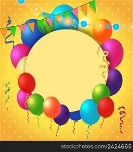 Blank greeting card with round frame, balloons and garlands on dot pattern. For greeting cards, posters, leaflets and brochures.