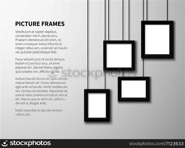 Blank hanging frames. Pictures, photo frames on light wall. Contemporary vector interior. Illustration of interior wall banner with picture frame. Blank hanging frames. Pictures, photo frames on light wall. Contemporary vector interior