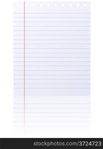 Blank lined notepad page isolated on white background.