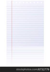 Blank lined notepad page isolated on white background.
