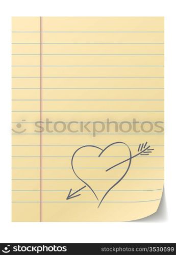 Blank lined page with hand drawn heart a?? love message.