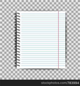 Blank lined paper template, one page, Notebook end Exercise book. Vector stock illustration.