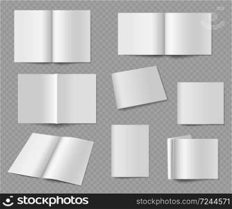Blank magazine. Realistic empty album or book, catalog or journal mockup frontally and from different angles presentation publication, paper sheets vector templates set on transparent background. Blank magazine. Realistic empty album or book mockup frontally and from different angles presentation publication, paper sheets vector set