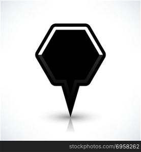 Blank map pin flat location icon hexagon sign. Blank map pin location sign rounded hexagon icon in flat style. Empty black shapes with gray oval shadow and reflection on white background. Web design element saved in vector illustration 8 eps