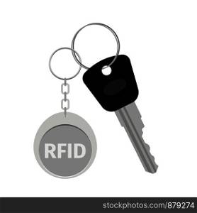 Blank metal keyring or keychain with RFID keytag isolated on white background. Keychain with keytag