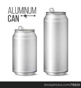 Blank Metallic Can Vector. Silver Can. 3D packaging. Mock Up Metallic Cans For Beer Or Soft Drink. 500 And 300 ml. Isolated On White Illustration. Aluminium Cans Vector. Silver Can. Branding Design. Blank Can Beer Of Soft Drink. Isolated Illustration