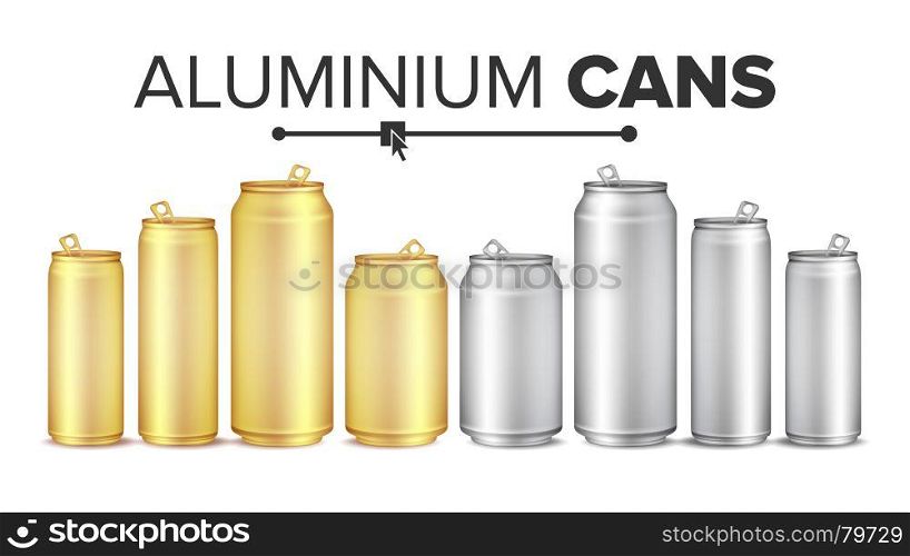 Blank Metallic Cans Set Vector. Empty Layout For Your Design. Energy Drink, Juice, Water Etc. Isolated Illustration. Blank Metallic Cans Set Vector. Empty Layout For Your Design. Energy Drink, Juice, Water Etc. Isolated